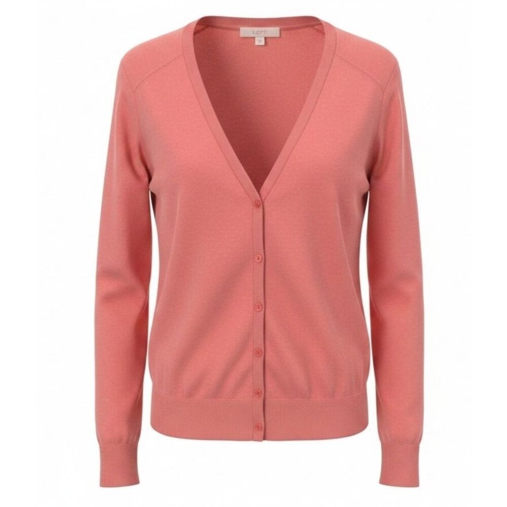 Anne Taylor Loft Coral Cardigan Women Sz L Button Front Long Sleeve Lightweight